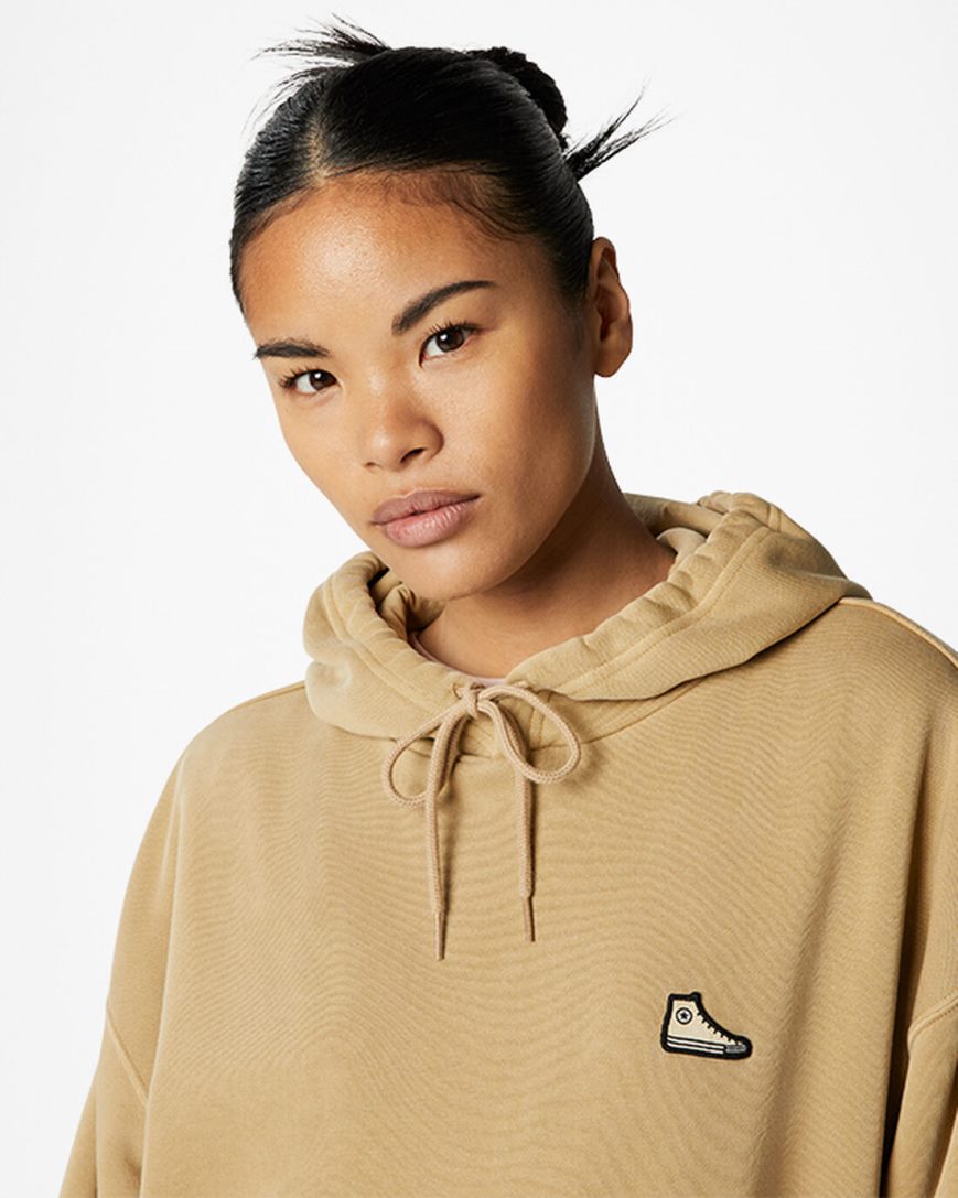 Women's Converse Go-To Sneaker Patch Loose Fit Pullover Hoodie Khaki | AU 349C1E